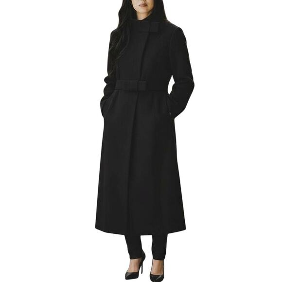 Tracy Reese New York Black Cotton Bow Longline Full Snap Coat